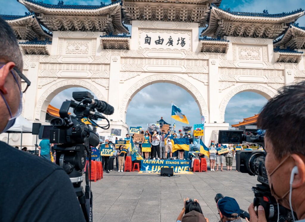 Taiwanese protest supporting Ukraine at Liberty Square Arch in Taipei.