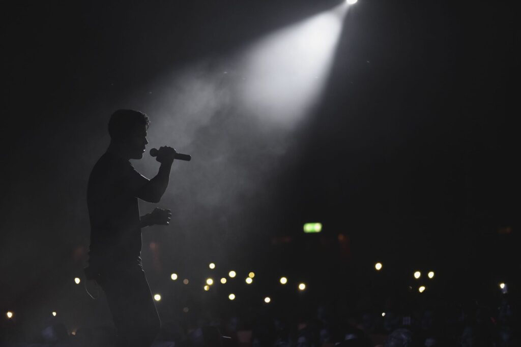 Silhouette of a singer performing under a spotlight with an audience in the dark, Tehran concert.