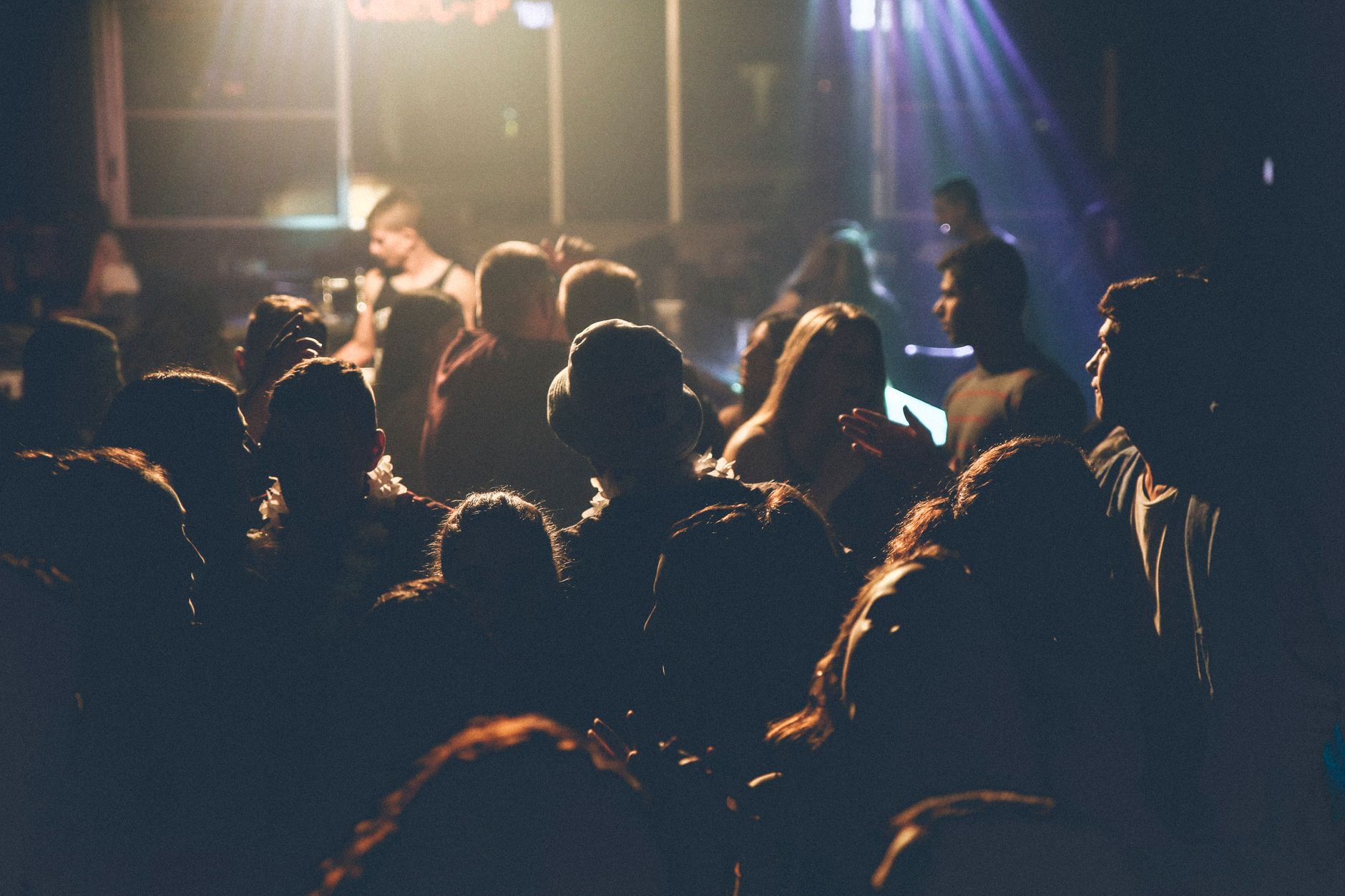 A lively crowd enjoying a concert with soft lighting and performers on stage.